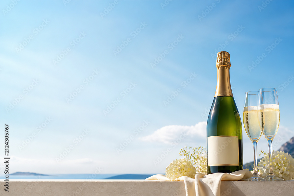 Obraz premium A bottle of champagne and two glasses stand on a ledge overlooking a bright blue sky and distant mountains.