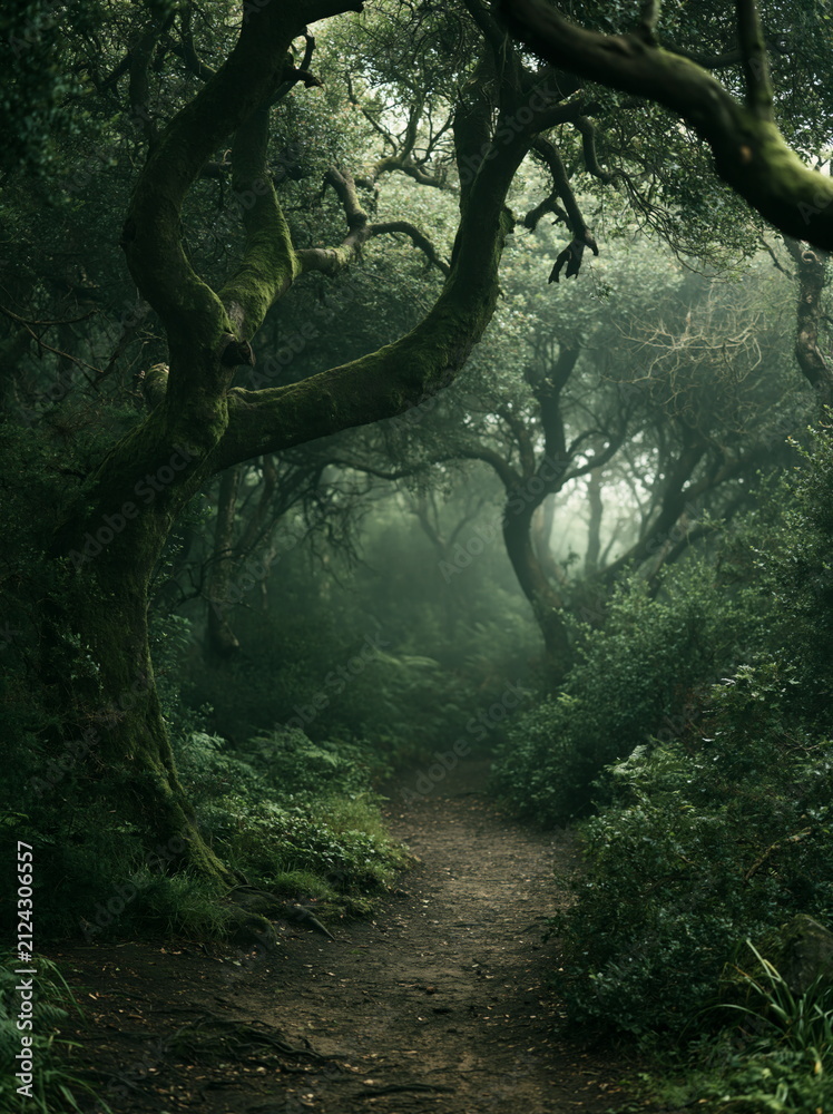 Fototapeta premium Enchanted Woodland Pathway Unfolding Through Lush Emerald Foliage, Inviting Exploration and Serenity Beneath Whispering Trees