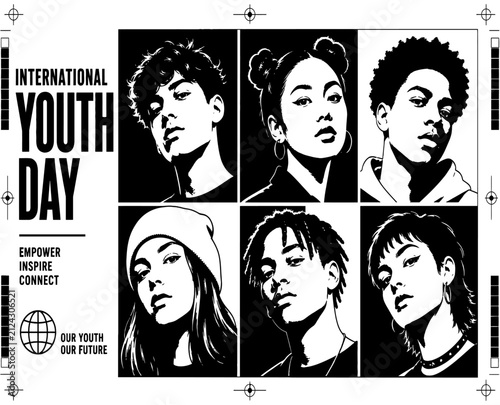 International Youth Day poster vector, diverse young people portraits in high contrast black and white, Gen Z community empowerment banner