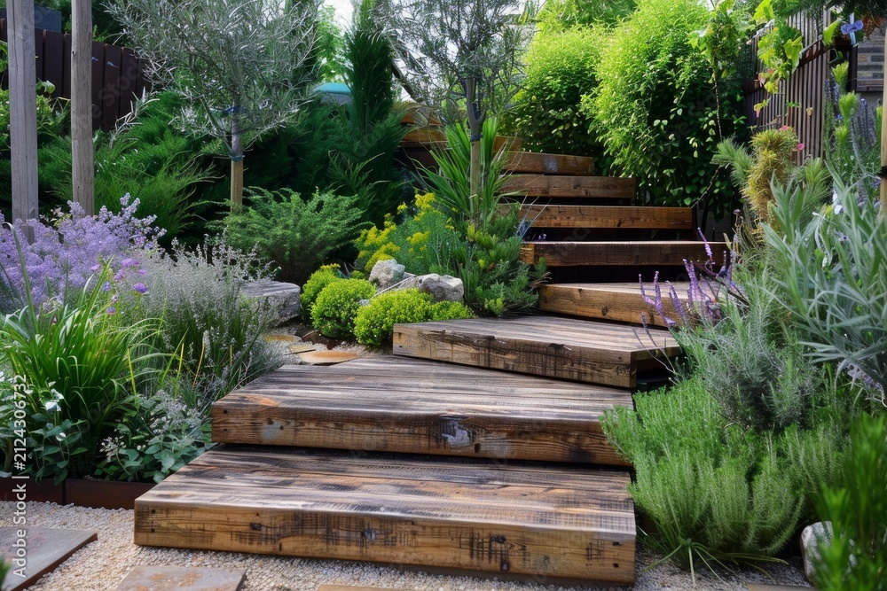 Fototapeta premium Wooden garden stairs winding through lush plants and flowers, creating a tranquil and inviting outdoor space