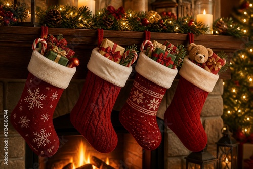 Christmas stockings filled with gifts hanging on fireplace mantel