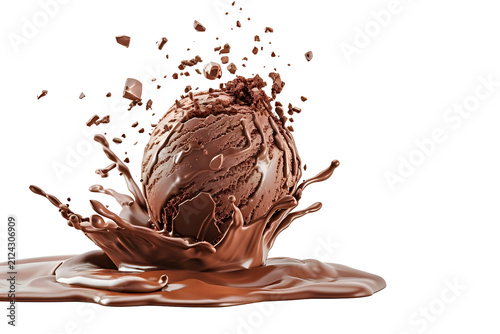 Chocolate ice cream scoop splashing into melted chocolate pool