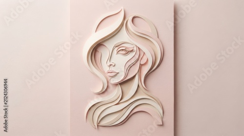 Elegant paper cut portrait of a woman's face in soft pastel tones