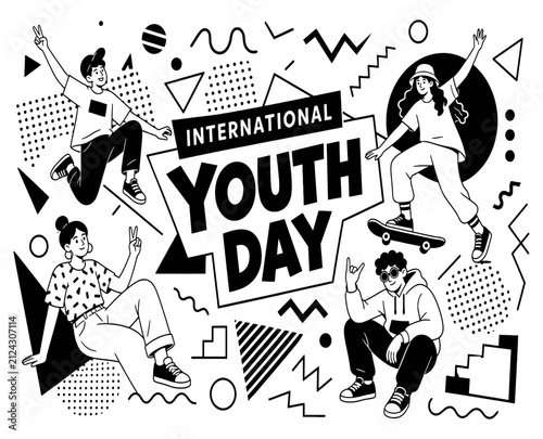 International Youth Day banner with diverse teenagers, black and white doodle style youth celebration, urban lifestyle vector illustration