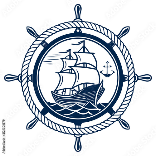 Foto Nautical emblem with ship, anchor and ship's wheel, nautical