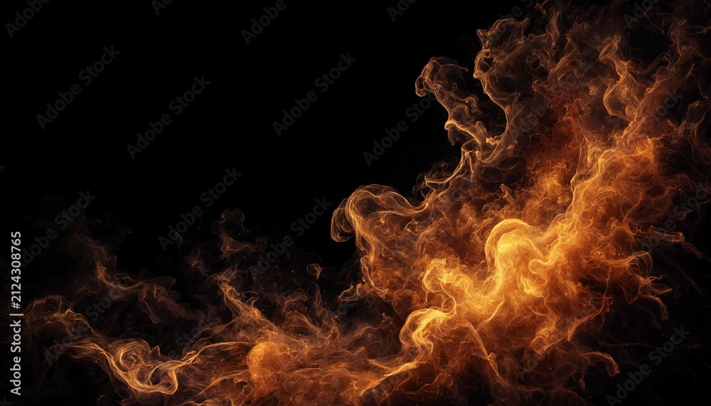 Fototapeta premium Abstract dark golden fire smoke and flame wisp on black background