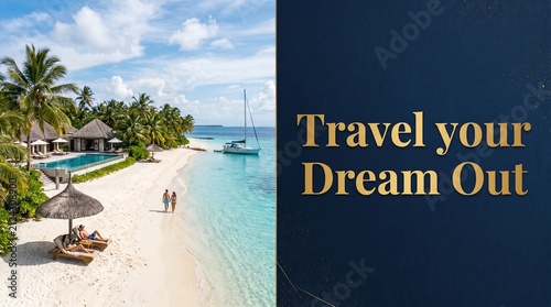 Tropical beach vacation travel concept with couple walking on white sand. Luxury paradise holiday destination with palm trees and turquoise water b...