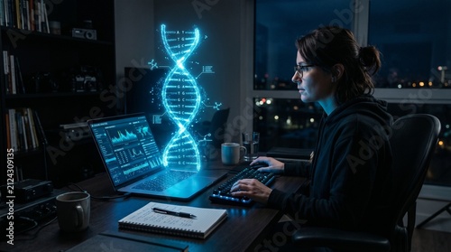 Scientist analyzing DNA data on laptop in dark lab. Bioinformatics researcher coding genetic sequences with holographic display.