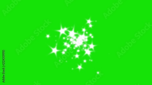 White sparkling stars glitter burst animation, magic fairy dust trail, twinkling glow particles, seamless transition effect on green background, 4K motion graphics overlay