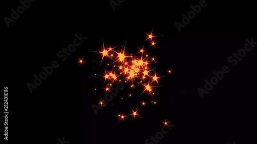 Shining golden glitter particles falling with sparkling stars, bright red glowing animation, seamless festive loop, black screen background, elegant 4K visual effects