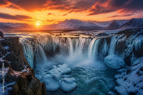 Frozen waterfall cascading through icy canyon at sunset