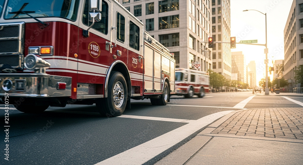 Fototapeta premium Red fire truck responding to emergency call in city.
