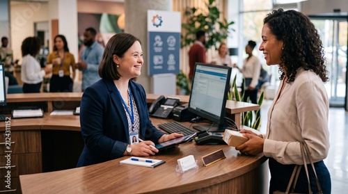 Receptionist Assisting Visitor: A friendly receptionist at a modern office reception desk is helping a visitor, offering assistance and information with a welcoming smile.