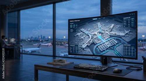 Airport operations dashboard displays terminal map and passenger flow data