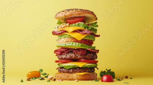 Towering gourmet burger stacked high with fresh ingredients including lettuce, tomato, bacon, and cheese, set against a vibrant yellow background showcasing culinary artistry
