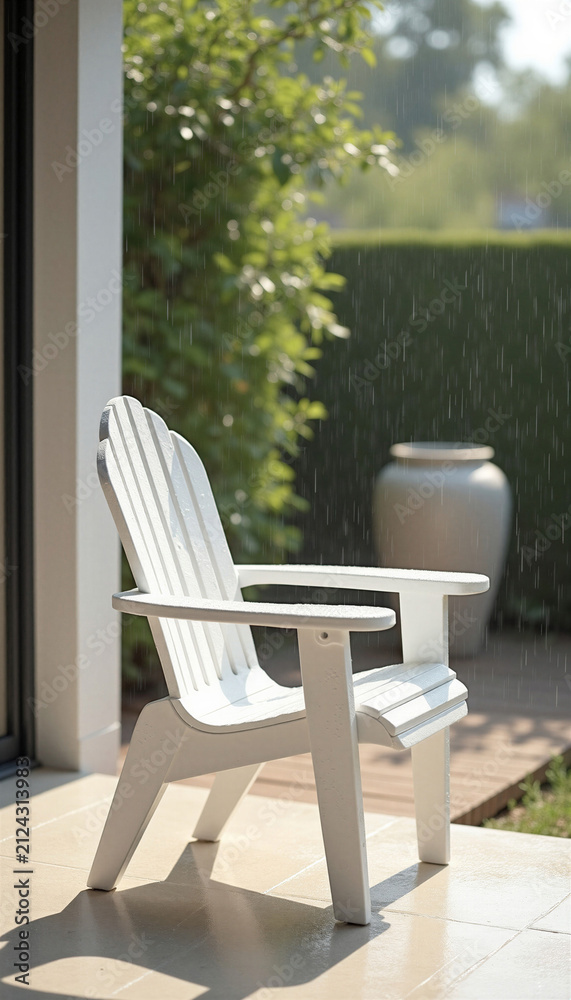 Fototapeta premium White adirondack chair on patio in sunny garden setting 