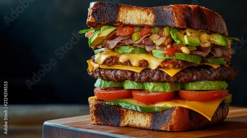 Gourmet burger stacked high with layers of fresh vegetables, melted cheese, and savory meats, served on toasted bread, showcasing a delicious culinary creation