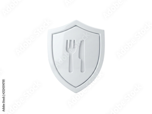 Food safety shield icon. Restaurant hygiene protection symbol with fork and knife.