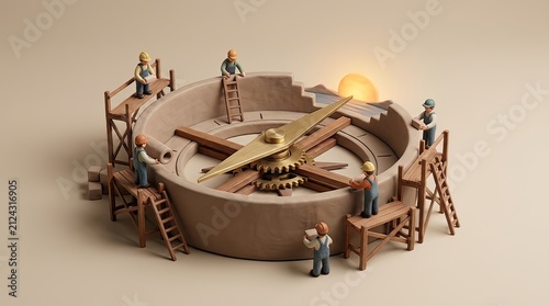 tiny workers assemble a giant clockwork mechanism with gears and hands