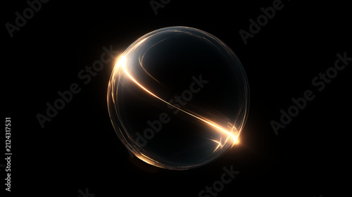 Abstract glowing glass sphere with golden light streak on black background. Futuristic energy orb concept, minimalist design emphasizes light, energy, and futuristic technology themes