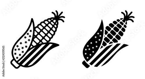 Patriotic corn cob icons, American flag style corn on the cob vector set, 4th of July food graphics