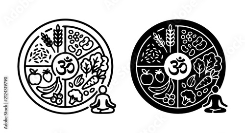 Sattvic diet icon set, yogic food plate vector, ayurvedic nutrition concept