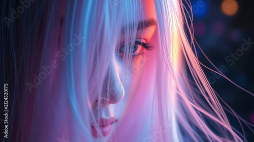 close up portrait of young woman with white hair in neon lighting