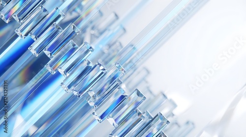 Macro view of parallel blue glass crystal rods arranged in a repeating pattern with abstract geometric transparent refraction structure parallel minimalist background prismatic shimmering