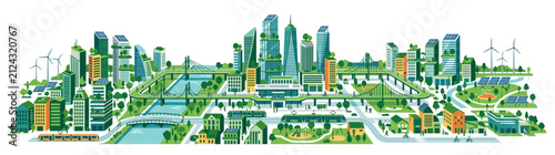 Sustainable Eco Cityscape Illustration: Green Buildings, Renewable Energy, Transport