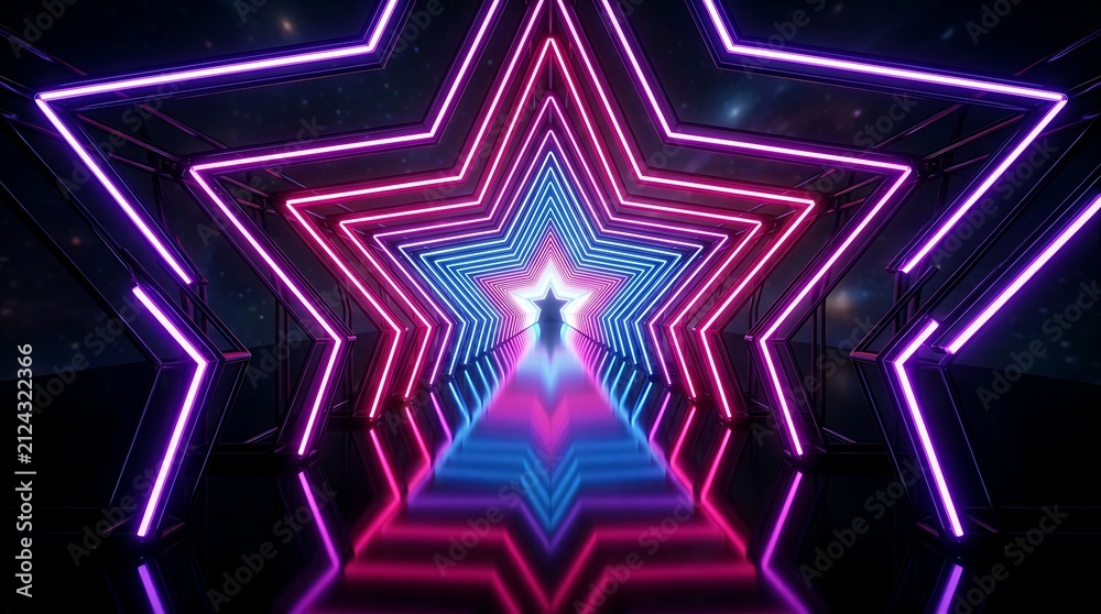 Obraz premium Neon star tunnel with glowing pink and blue light frames, infinite corridor perspective with reflective dark floor and starry background