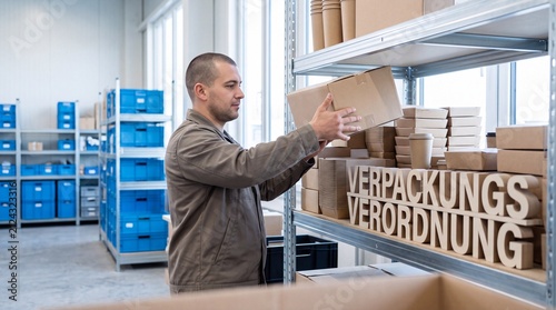 Verpackungsverordnung im Lager Mitarbeiter räumt Karton ein