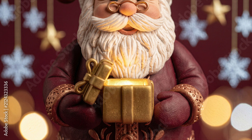 Magical Santa Claus figurine opening a glowing golden gift box with warm light and festive bokeh background for Christmas celebration