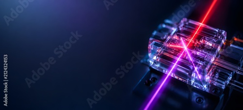 Laser Beams Passing Through Transparent Photonic Chip With Copy Space Technology Background