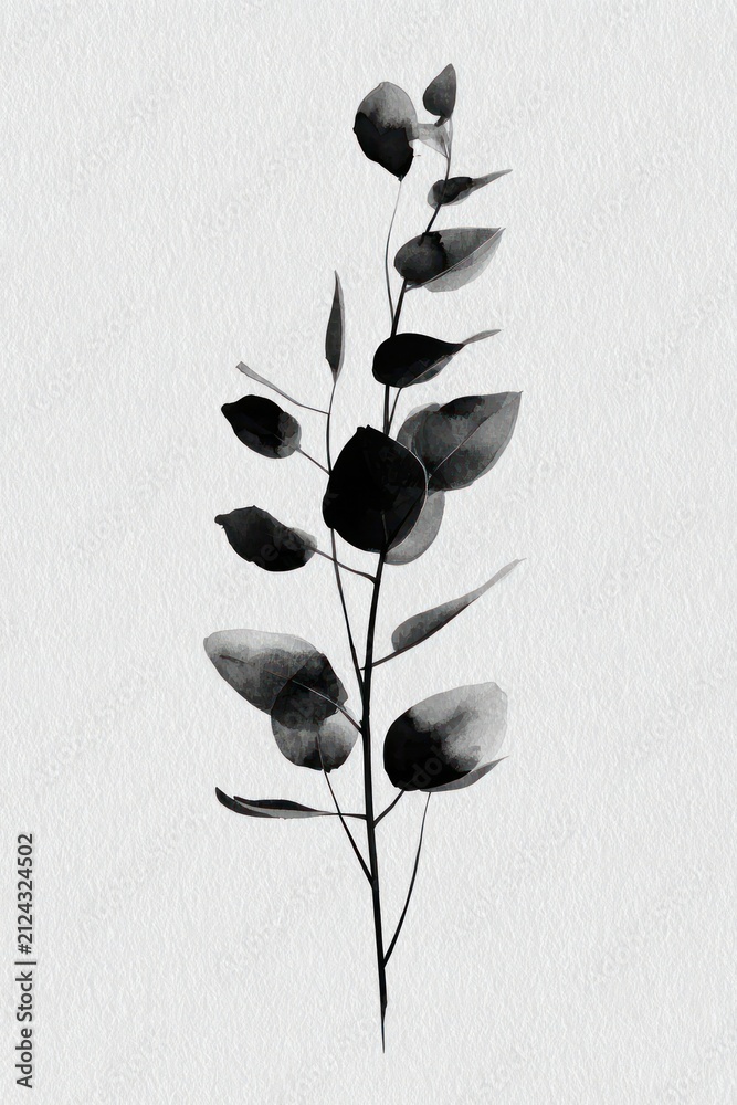 Obraz premium Minimalist black and white watercolor painting of a eucalyptus branch.