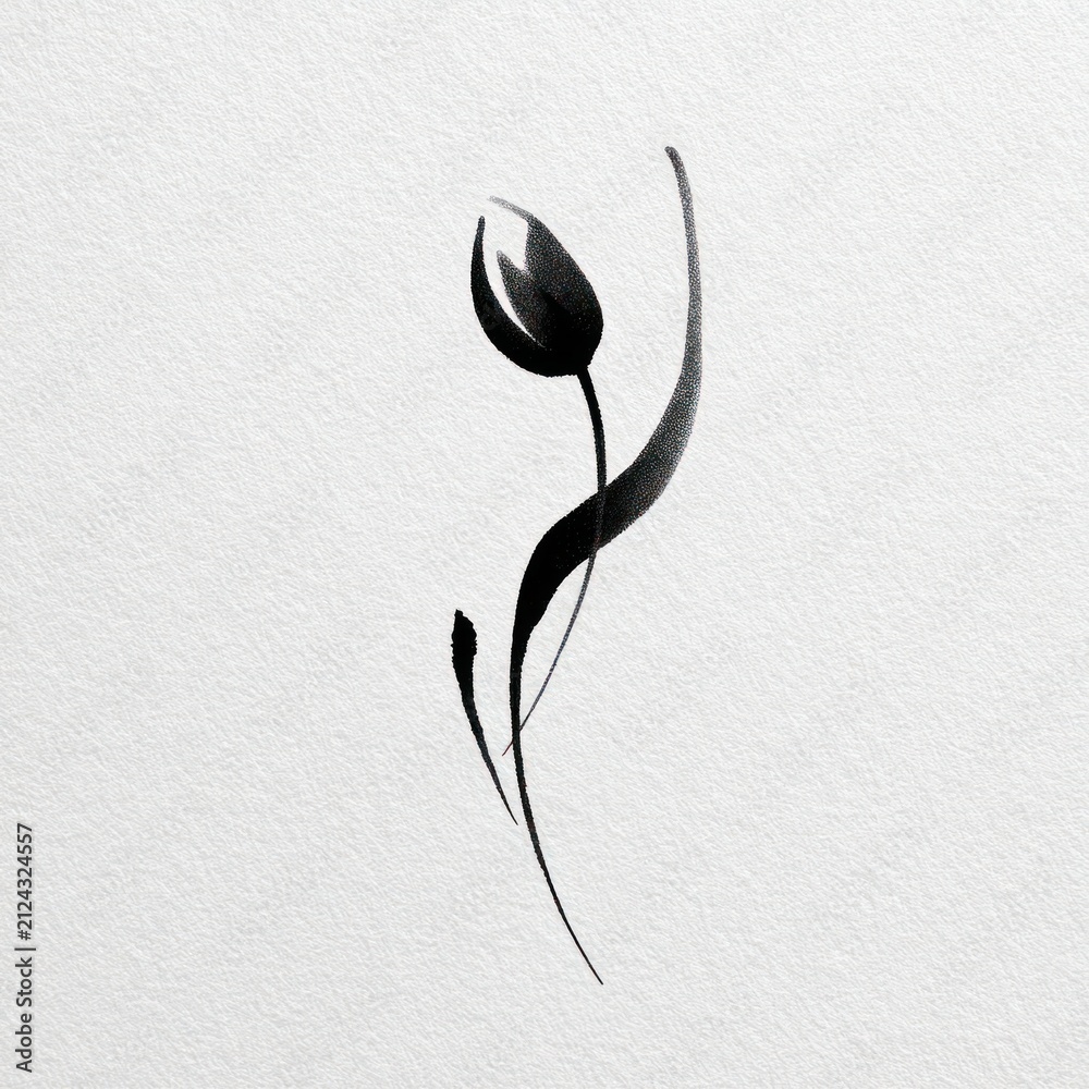 Fototapeta premium Minimalist black ink drawing of a tulip on textured white paper.