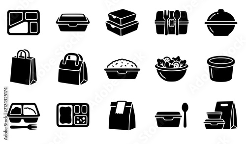 Food delivery and takeout container vector icons set featuring lunch boxes paper bags meal prep boxes and plastic packaging elements, 20 words.