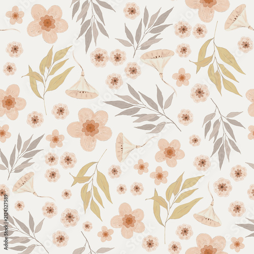 Hand Drawn Gentle Flowers and Leaves Pattern Design
