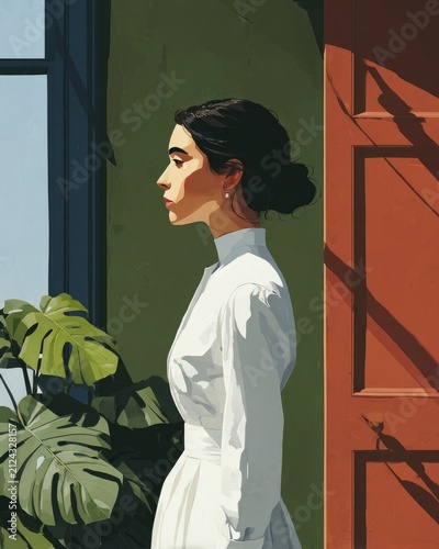 Graceful figure in white dress stands against vibrant walls, sunlight illuminating serene