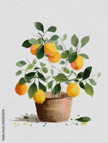 Bright lemon tree in textured pot, showcasing vibrant yellow fruits and lush green leaves