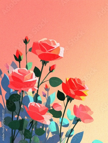 Vibrant roses stand tall against warm gradient, highlighting delicate petals and lush foliage.