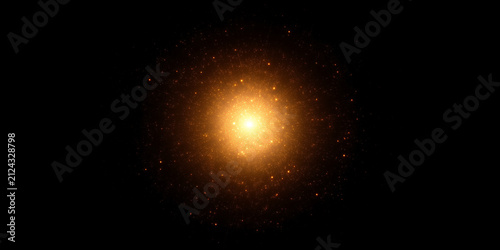 Panoramic golden glowing light burst with radiating particles on black background. Sci-fi energy explosion and big bang concept