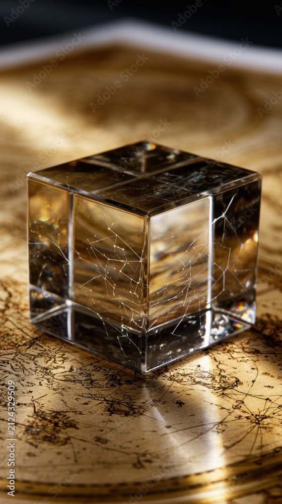 Fototapeta premium Transparent glass cube with intricate internal cracks resting on an ancient celestial map with golden brown tones and detailed star charts
