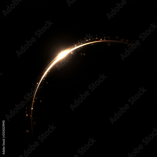 Golden glowing light arc with glowing sparkles on black background. Curved light streak flare overlay effect
