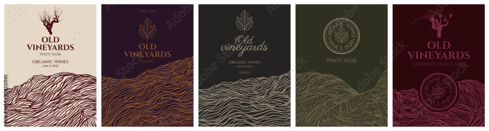Naklejka premium Abstract line art wine label collection; minimal organic vineyard landscape template set; elegant winery social media post banner; luxury botanical package design vector template