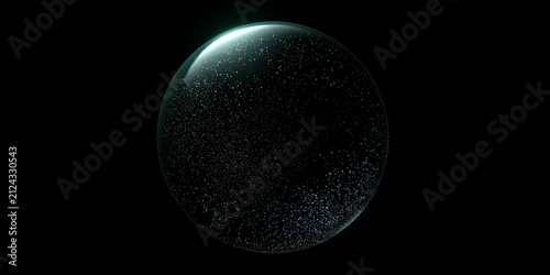 Cosmic glass sphere with glowing starry particles on black background. Crystal ball containing galaxy glitter concept