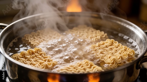 Blocks of dry instant noodles boiling in a hot pot with rising steam and bubbling water in a cozy kitchen authentic culinary food photography concept 
