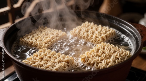 Blocks of dry instant noodles boiling in a hot pot with rising steam and bubbling water in a cozy kitchen authentic culinary food photography concept 
