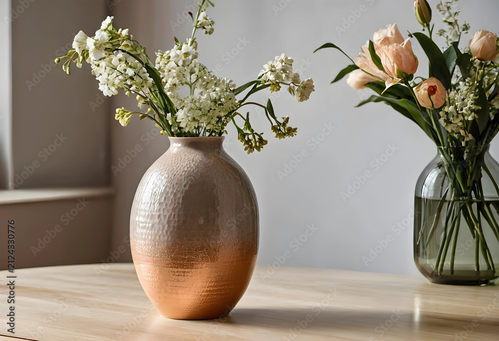 Obraz premium Hammered ceramic vase with white flowers and a glass vase with peach flowers on a wooden table, home decor concept, the ceramic vase features a gradient from beige to a metallic copper or gold