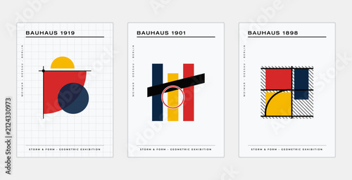 Bauhaus Geometric Poster Collection with Minimalist Abstract Shapes and Vintage Exhibition Design