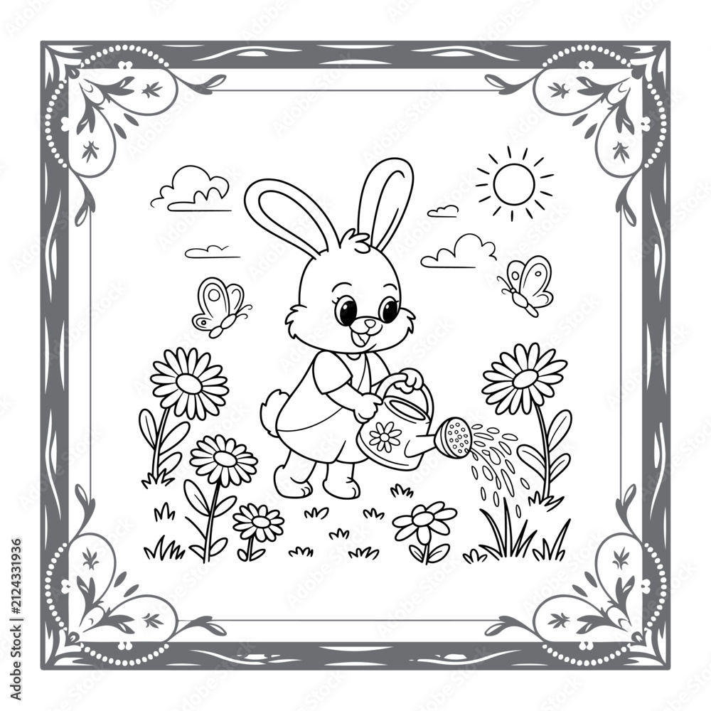 Fototapeta premium Cute Easter Bunny Watering Flowers in Spring Garden Coloring Page with Decorative Floral Border